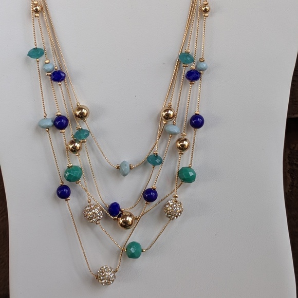 INC Multi Beaded Layered Statement Necklace Blue - Picture 2 of 5